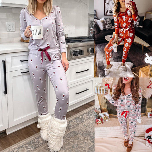 Printed V Neck Long Sleeved Top And Trousers Home Casual Suit Women