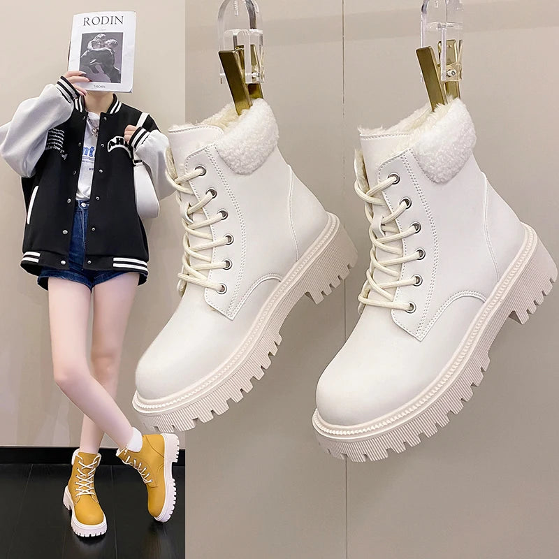 Shoes for Women 2023 Winter Warm Women's Boots Korean Style Fashionable Round Toe Platform Motorcycle Boots Zapatos De Mujer