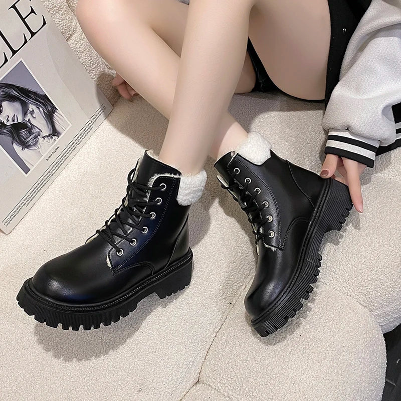 Shoes for Women 2023 Winter Warm Women's Boots Korean Style Fashionable Round Toe Platform Motorcycle Boots Zapatos De Mujer