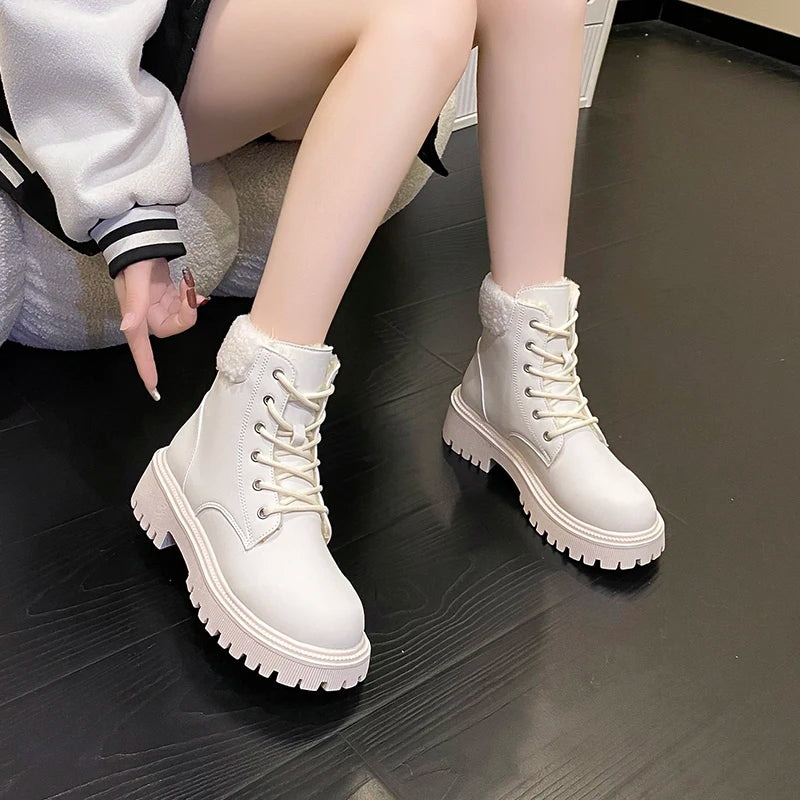 Shoes for Women 2023 Winter Warm Women's Boots Korean Style Fashionable Round Toe Platform Motorcycle Boots Zapatos De Mujer