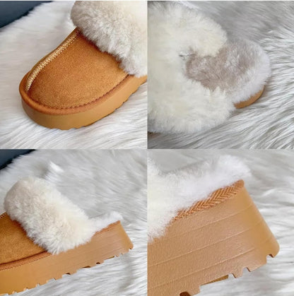 Winter Women Fur Slippers Warm Boots Platform Flip Flops 2023 New Short Plush Flats Home Cotton Shoes Suede Mules Ladies Boots