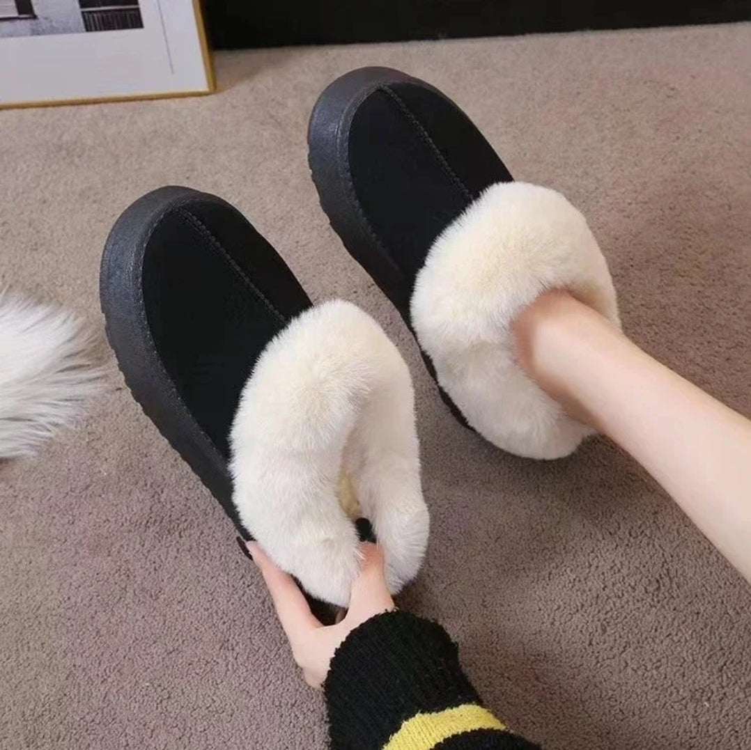 Winter Women Fur Slippers Warm Boots Platform Flip Flops 2023 New Short Plush Flats Home Cotton Shoes Suede Mules Ladies Boots