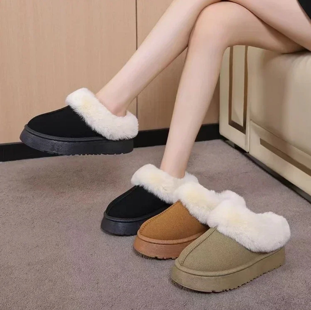 Winter Women Fur Slippers Warm Boots Platform Flip Flops 2023 New Short Plush Flats Home Cotton Shoes Suede Mules Ladies Boots