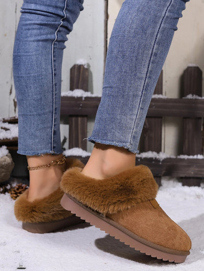 Winter Women Fur Slippers Warm Boots Platform Flip Flops 2023 New Short Plush Flats Home Cotton Shoes Suede Mules Ladies Boots