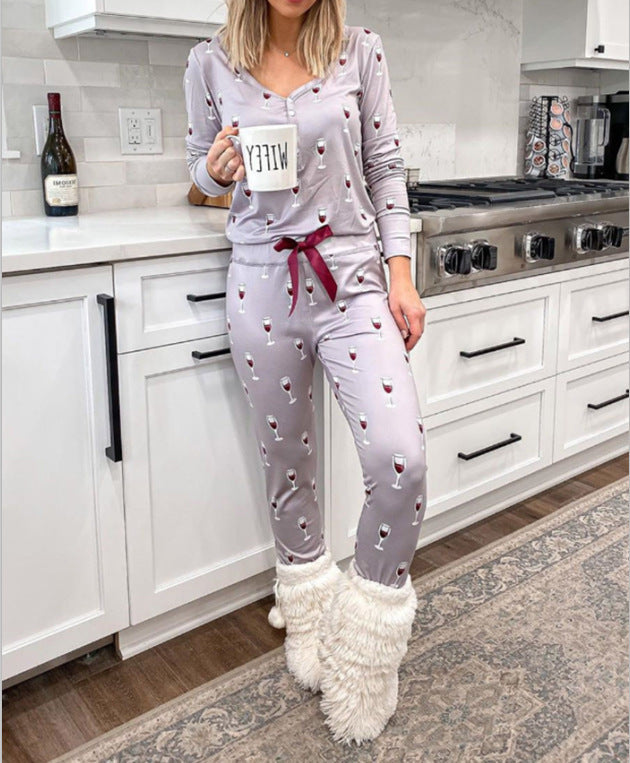 Printed V Neck Long Sleeved Top And Trousers Home Casual Suit Women