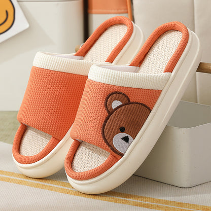 Cute Cartoon Bear Linen Slippers For Women Indoor Non-slip Sweat-absorbent Breathable Slip On Floor Bedroom Slipper House Shoes