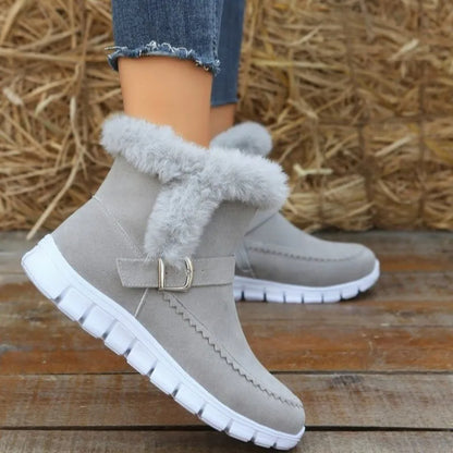 New Snow Boots Winter Warm Thickened Solid Color Plush Ankle Boots With Buckle Design Plus Velvet Flat Shoes For Women