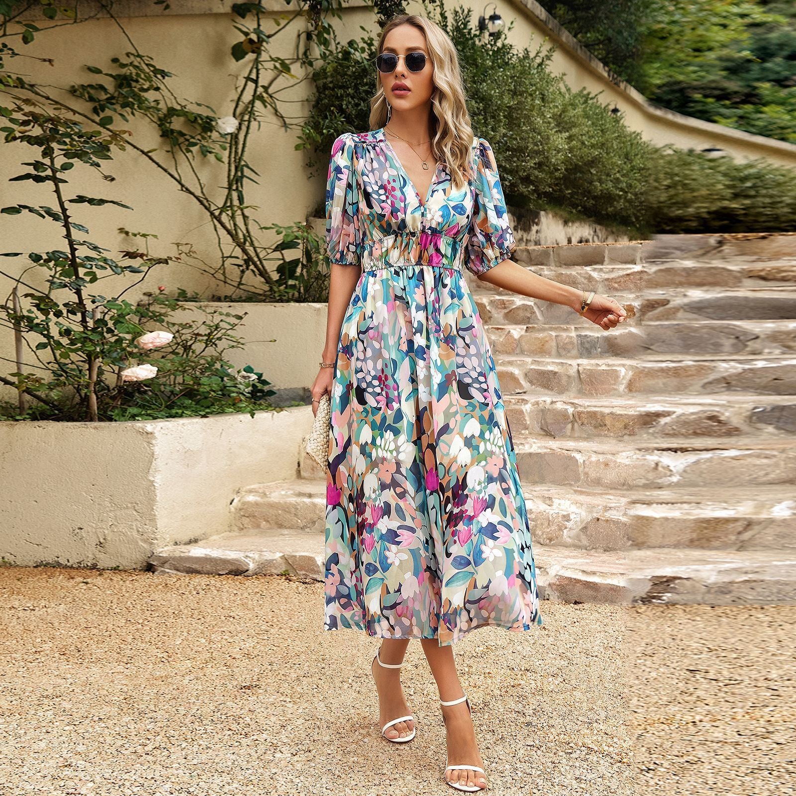 New V-neck Printed Short-sleeved Long Dress Summer Fashion Slim Seaside Vacation Beach Dresses For Women Clothing -   - anassiri.com