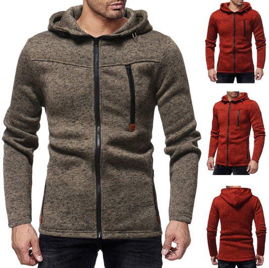 New men's fashion zipper stitching casual hooded solid color knit cardigan sweater