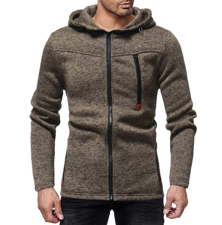 New men's fashion zipper stitching casual hooded solid color knit cardigan sweater