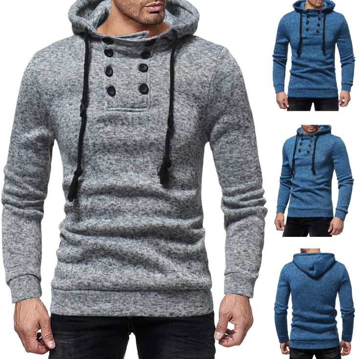 New men's fashion zipper stitching casual hooded solid color knit cardigan sweater