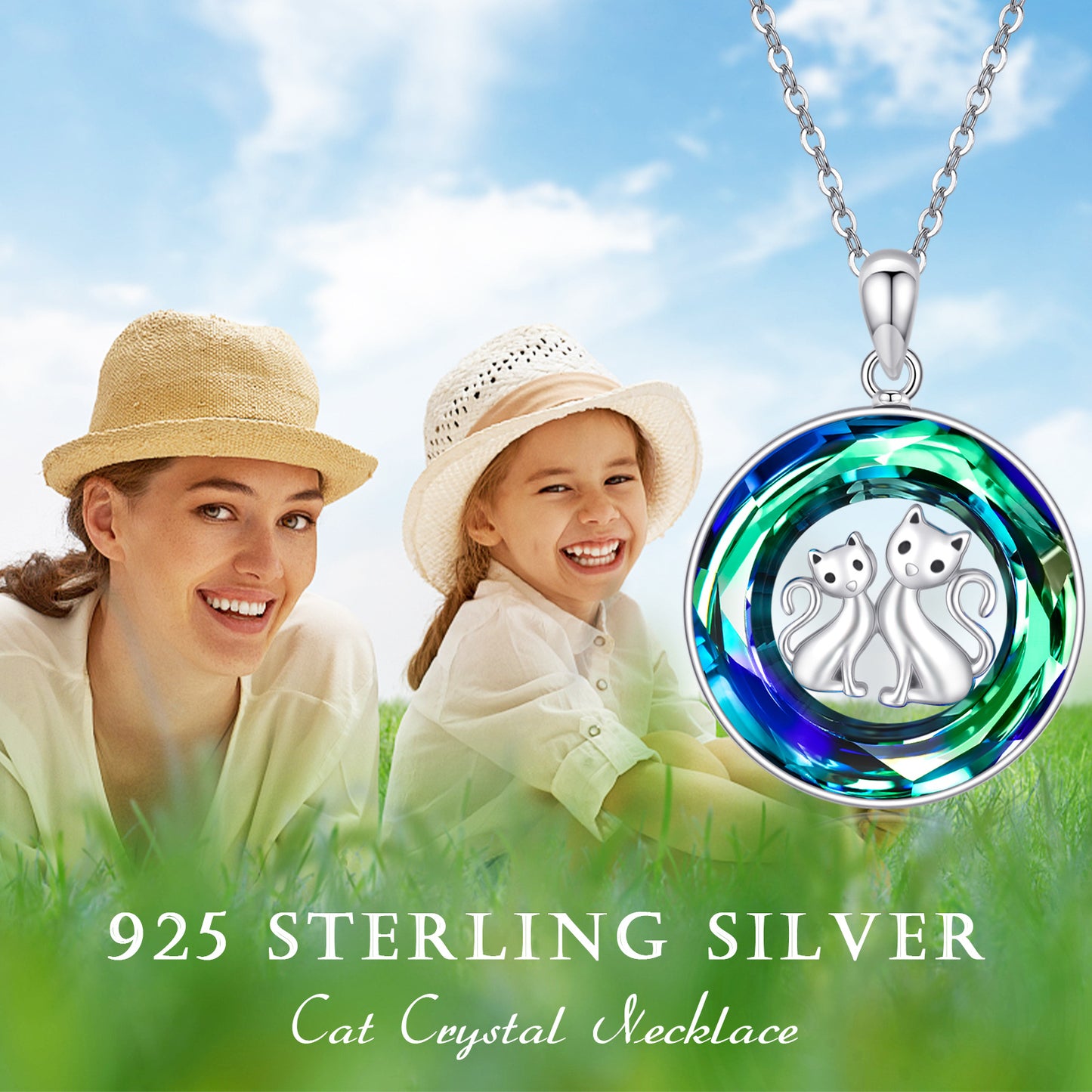 Crystal Circle Cat Pendant Necklace in 925 Sterling Silver