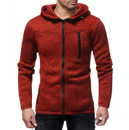 New men's fashion zipper stitching casual hooded solid color knit cardigan sweater