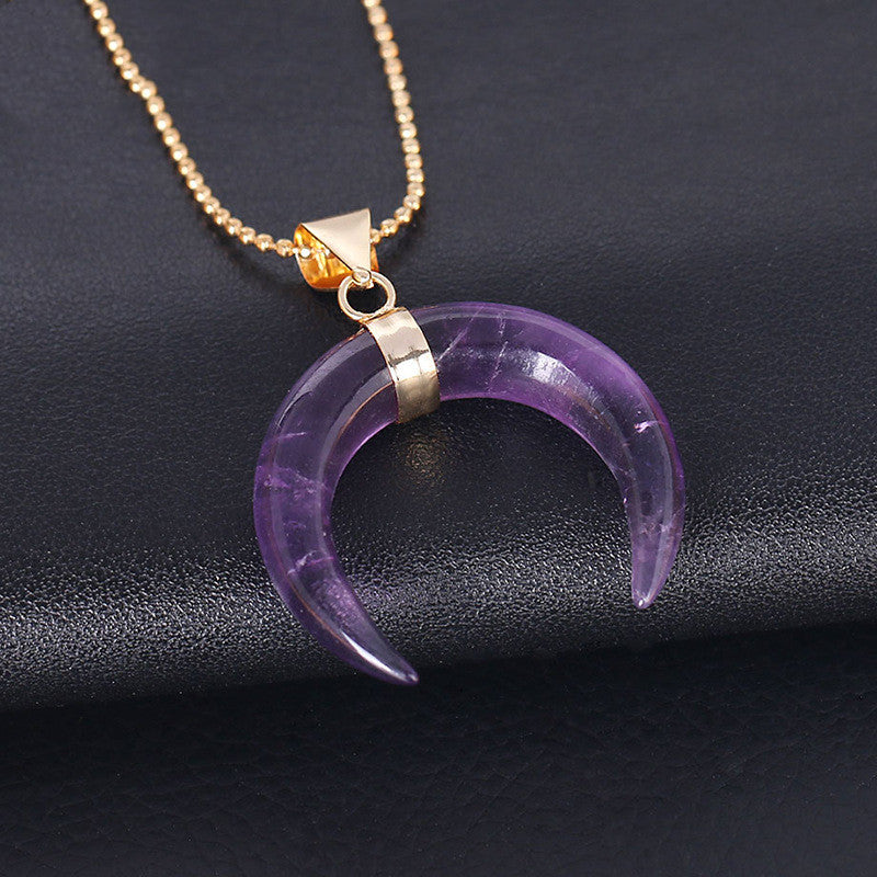 Crystal Semi-precious Stone Moon Pendant Necklace -   - anassiri.com