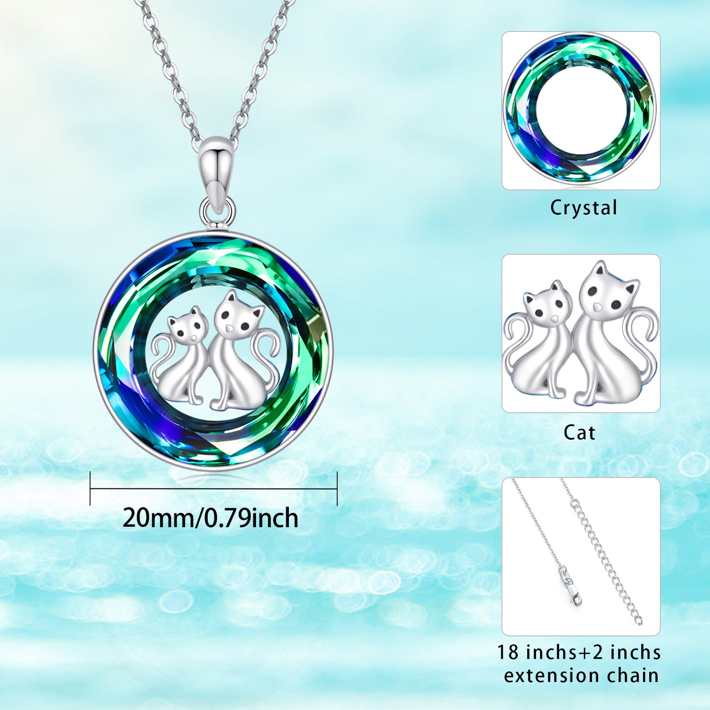 Crystal Circle Cat Pendant Necklace in 925 Sterling Silver