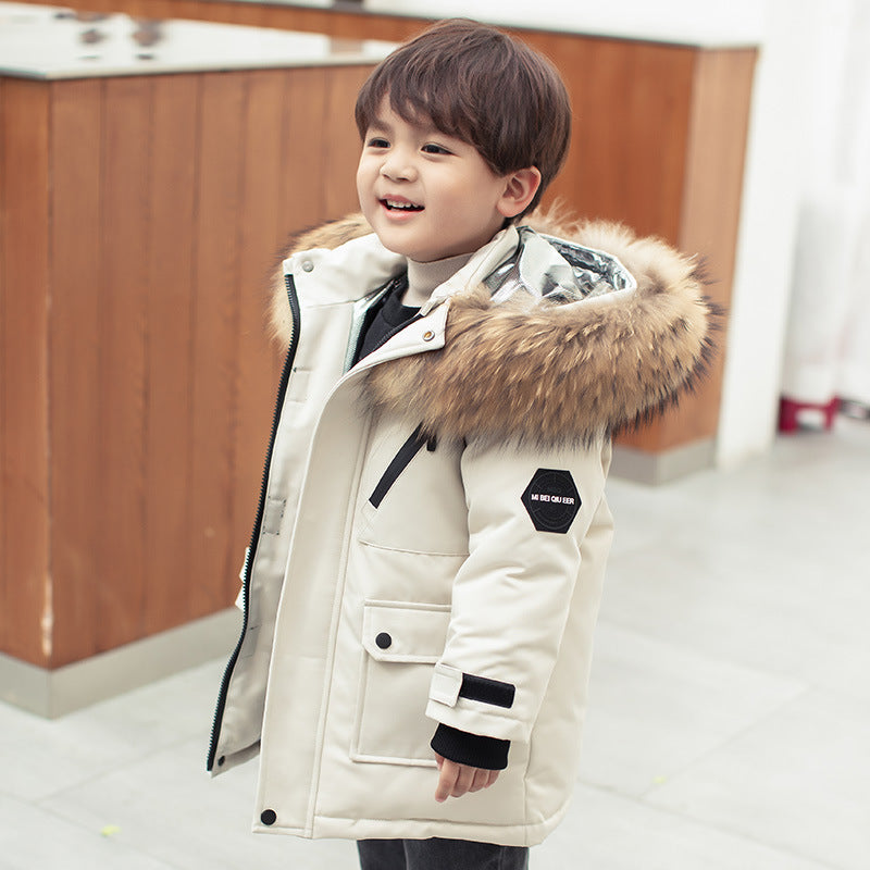 Boys' Mid-length Thickened White Duck Down Jacket