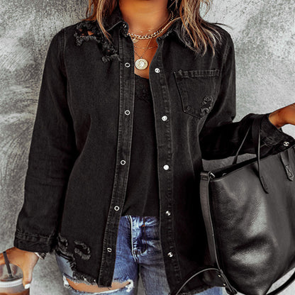 Black Ripped Shirt Denim Long Sleeve Coat Jacket Women