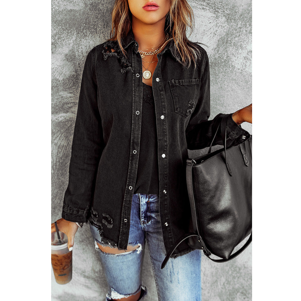 Black Ripped Shirt Denim Long Sleeve Coat Jacket Women