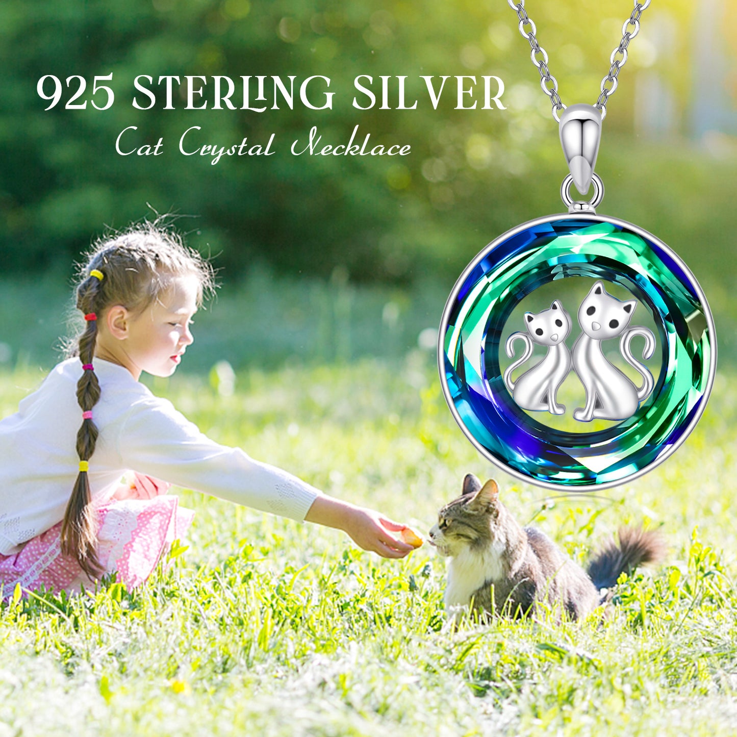 Crystal Circle Cat Pendant Necklace in 925 Sterling Silver