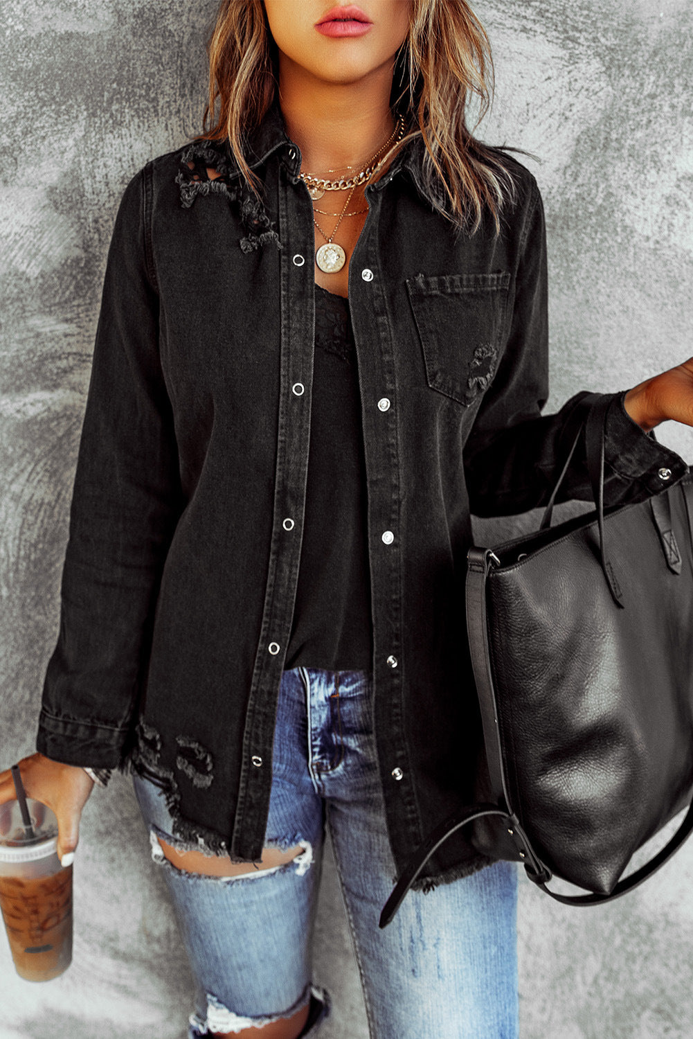 Black Ripped Shirt Denim Long Sleeve Coat Jacket Women -  vêtement - anassiri.com