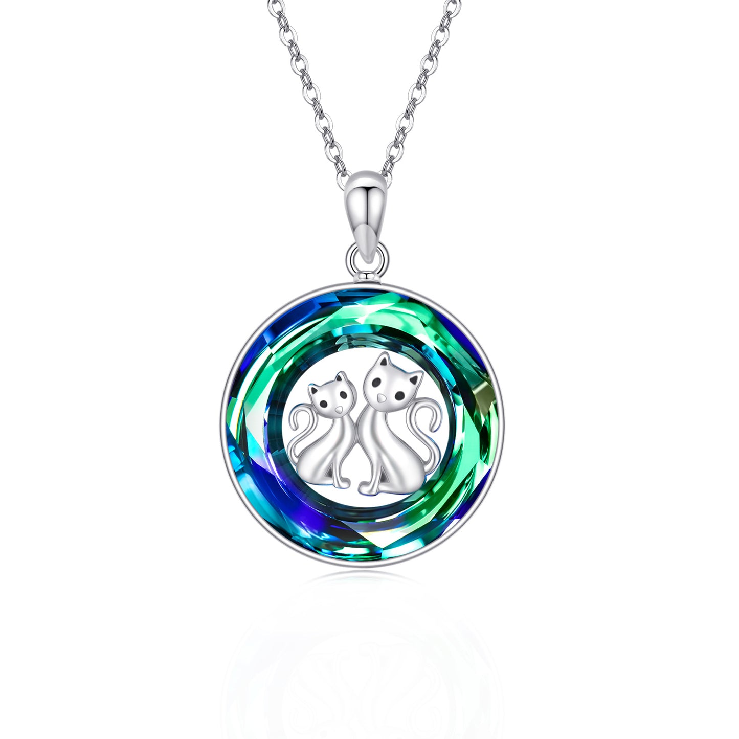 Crystal Circle Cat Pendant Necklace in 925 Sterling Silver