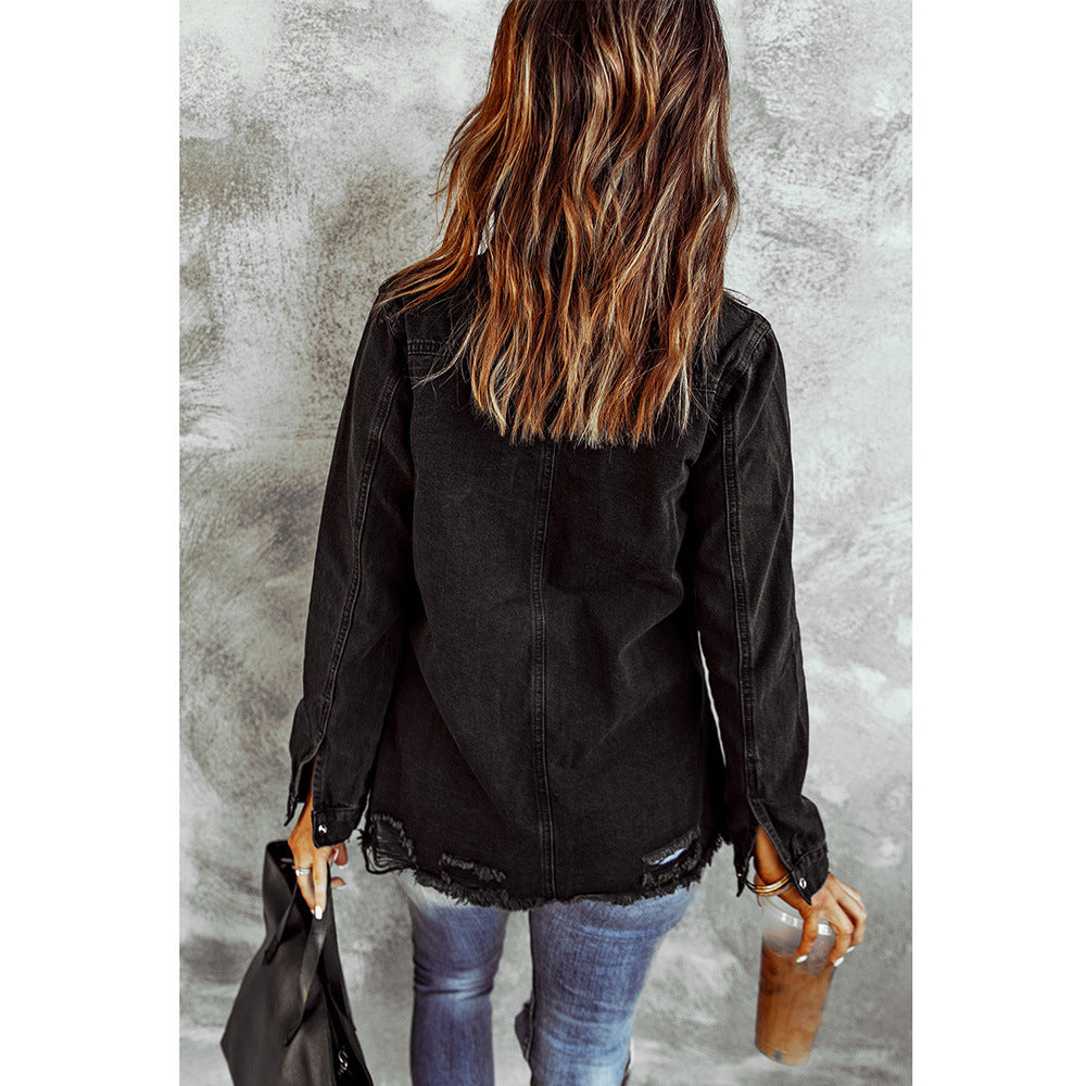 Black Ripped Shirt Denim Long Sleeve Coat Jacket Women